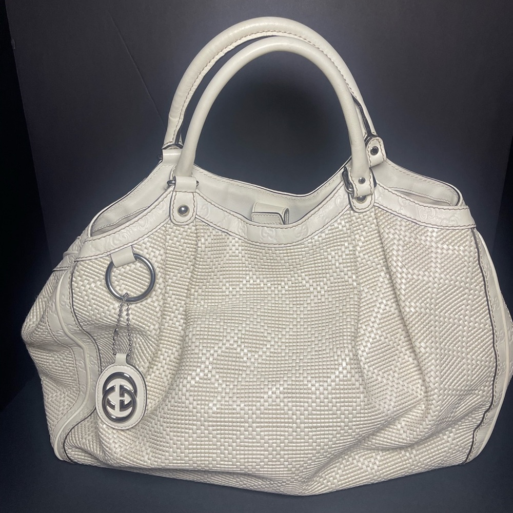 Gucci Diamanté Leather and Raffia Sukey Hobo with Monogram trim-EUC